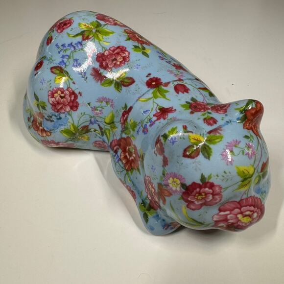 Formalities Baum Bros Floral Cat Figurine Blue Porcelain Chintz Style Decor - Picture 1 of 10